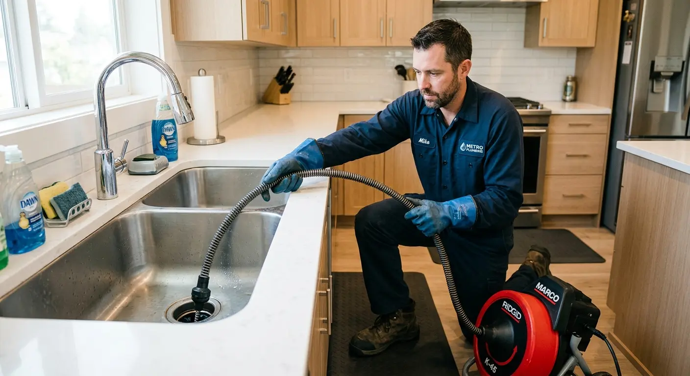 Drain cleaning technician using a motorized snake on a kitchen sink in Town and Country