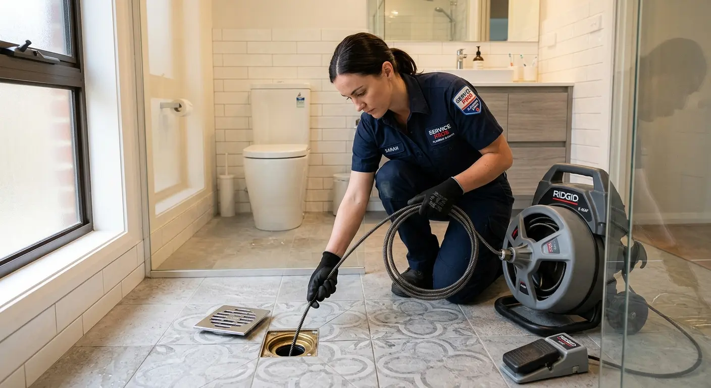 Technician clearing a bathroom floor drain for Hydro Jetting in Town and Country
